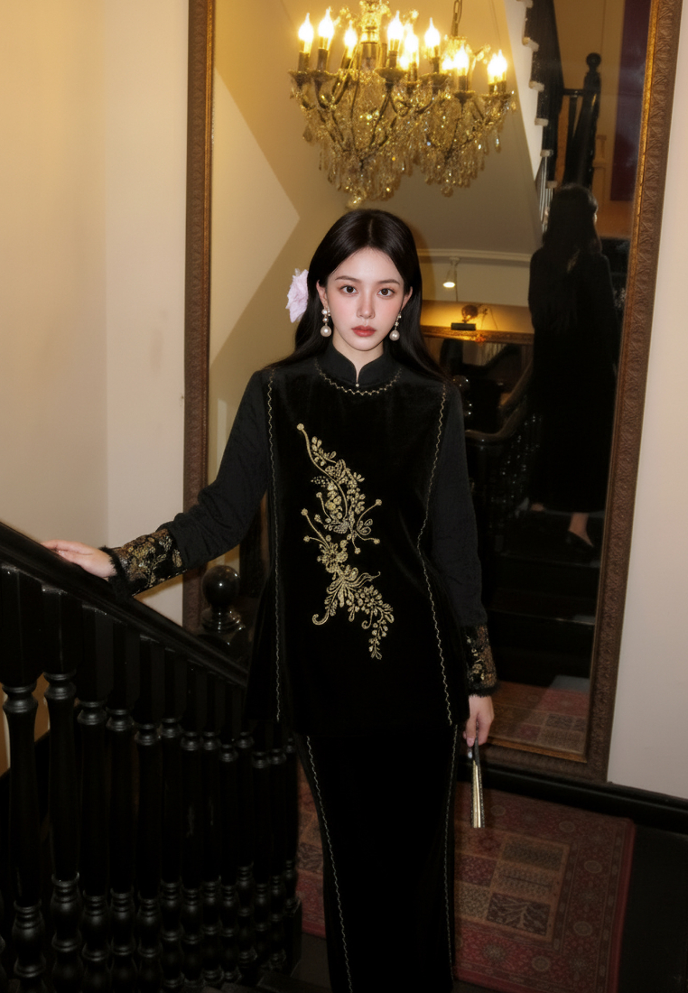 High-End Bead-Embroidered Velvet Designed Vest & Midi Skirt CA20251215BK