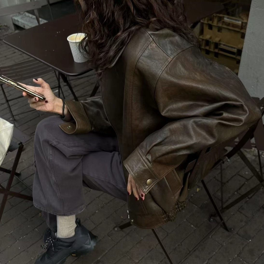 Korean New Retro Maillard Style Zipper Loose PU Leather Coat Women's Jacket K010611