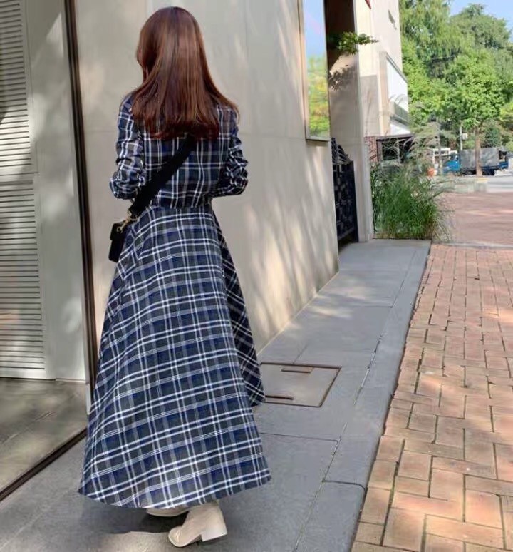 New elegant long-sleeved plaid dress CA25091539