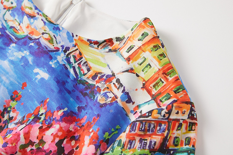 New S/S Retro style striped landscape print slim-fit bodycon dres long sleeve dress K26011204