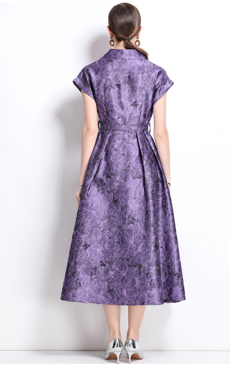New S/S Elegant  jacquard short-sleeved lapel long dress K26011207