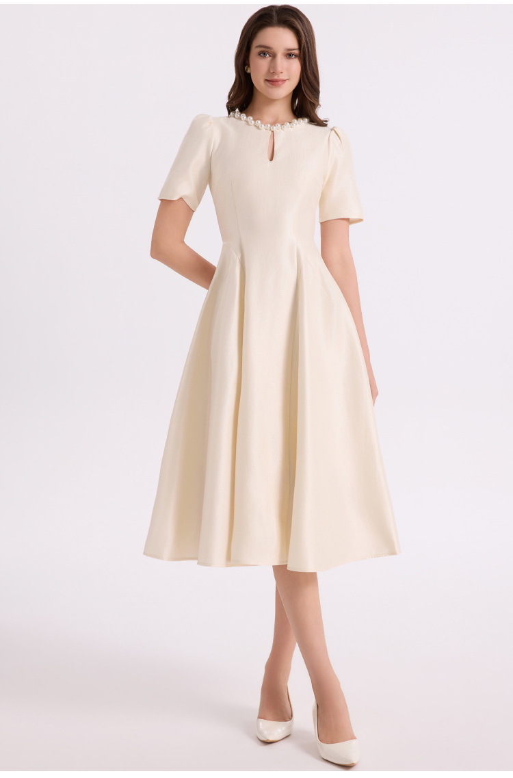 Elegant pearl neck short sleeve midi dress K26051308