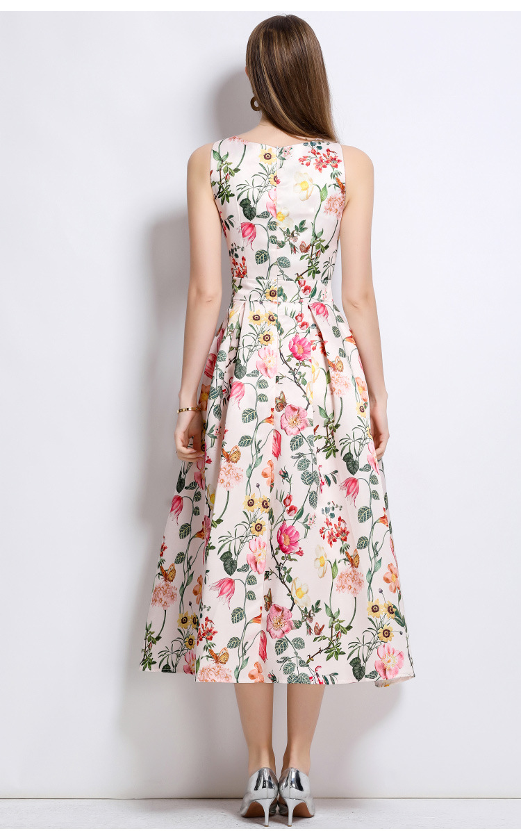 Romantic floral print sleeveless fit and flare midi dress K26051309