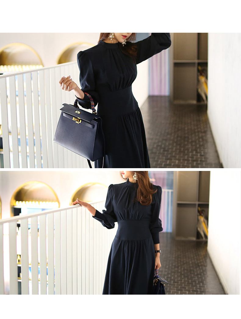 New Elegant stand-up collar lantern sleeve high-waisted slim-fit dress K25121106