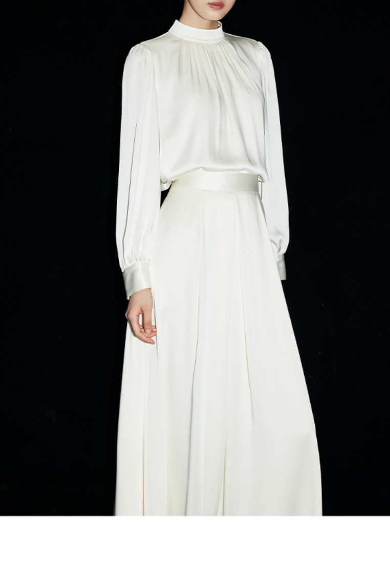 New elegant moonlight French white stand collar silky satin long sleeve shirt women's suit dress 