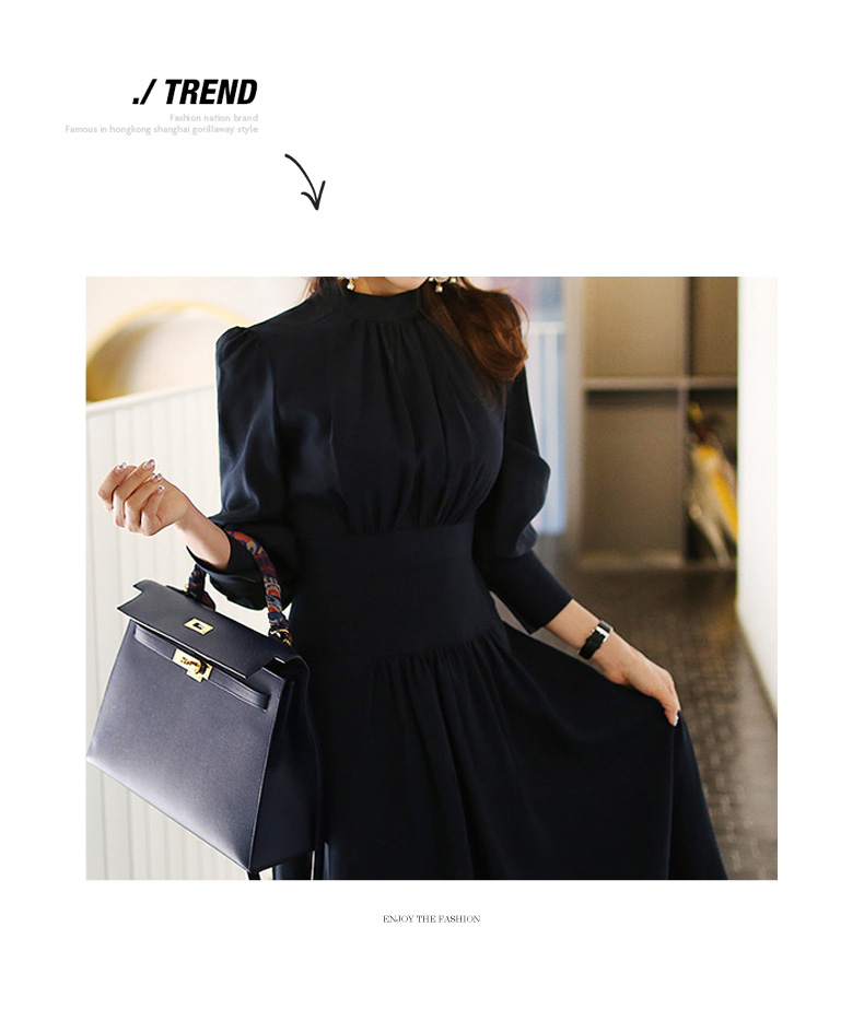 New Elegant stand-up collar lantern sleeve high-waisted slim-fit dress K25121106