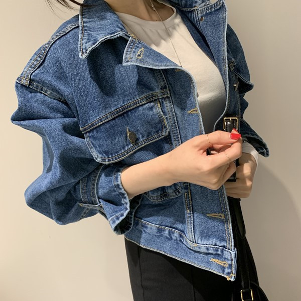 New Korean Blogger Recommended Lapel Long Sleeve Loose Fit Short Denim Jacket K010625