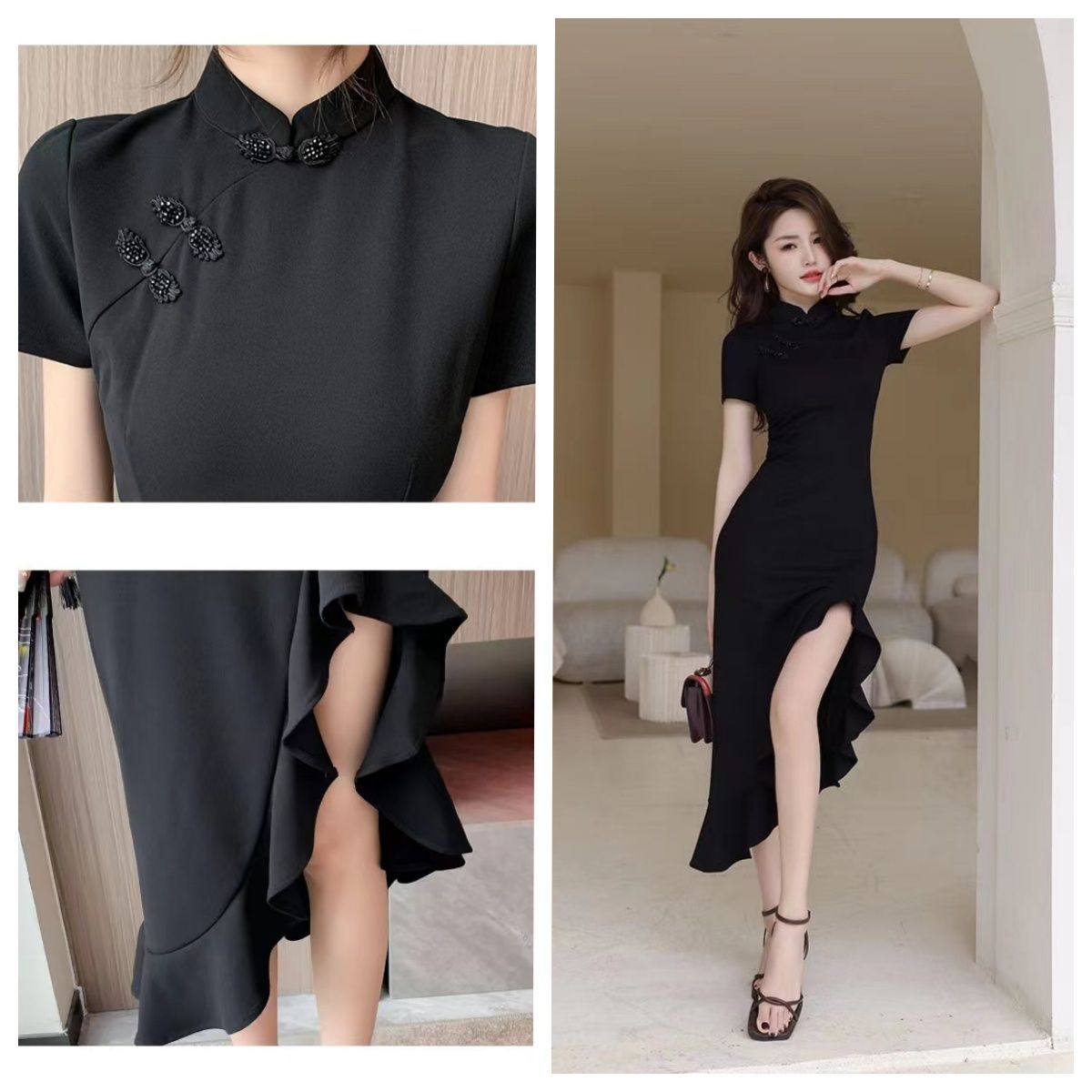 2026 New Style Elegant Black Irregular cheongsam Dress CA25121501BK