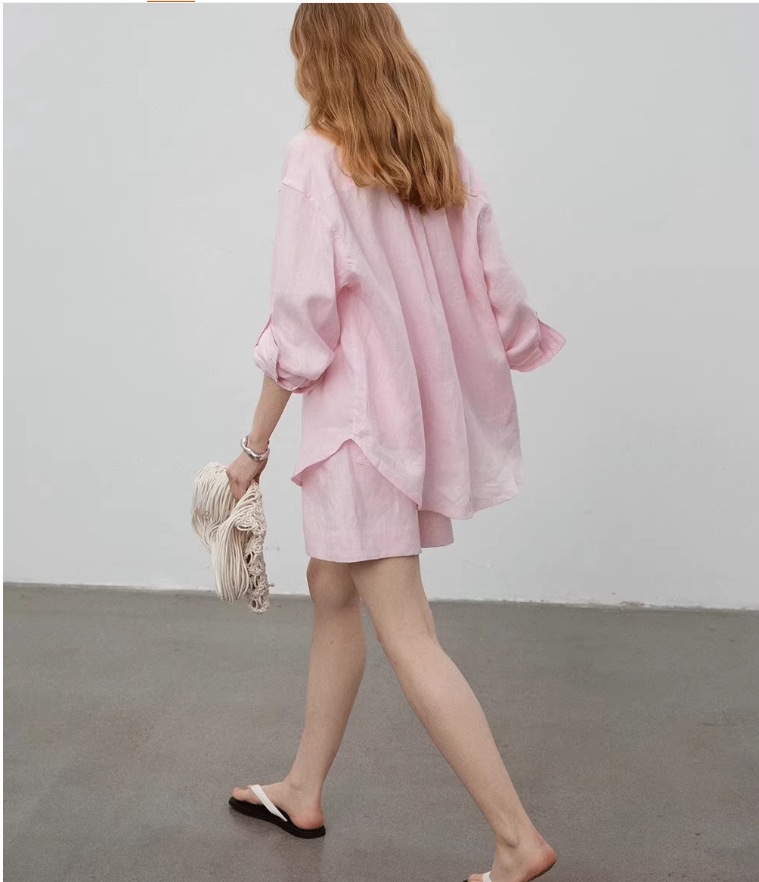 Classic Linen Long Sleeve Shirt And Shorts Set Women Casual Two Piece Outfit K26032406