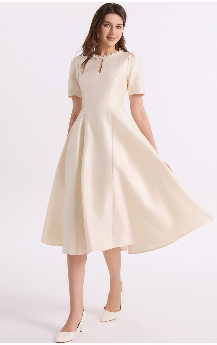Elegant pearl neck short sleeve midi dress K26051308
