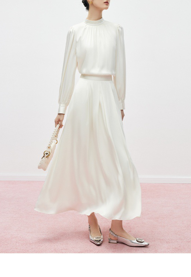 New elegant moonlight French white stand collar silky satin long sleeve shirt women's suit dress 