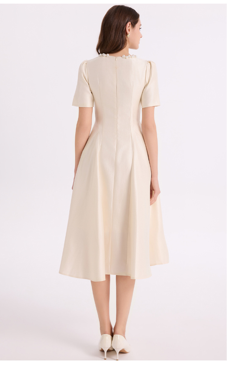 Elegant pearl neck short sleeve midi dress K26051308