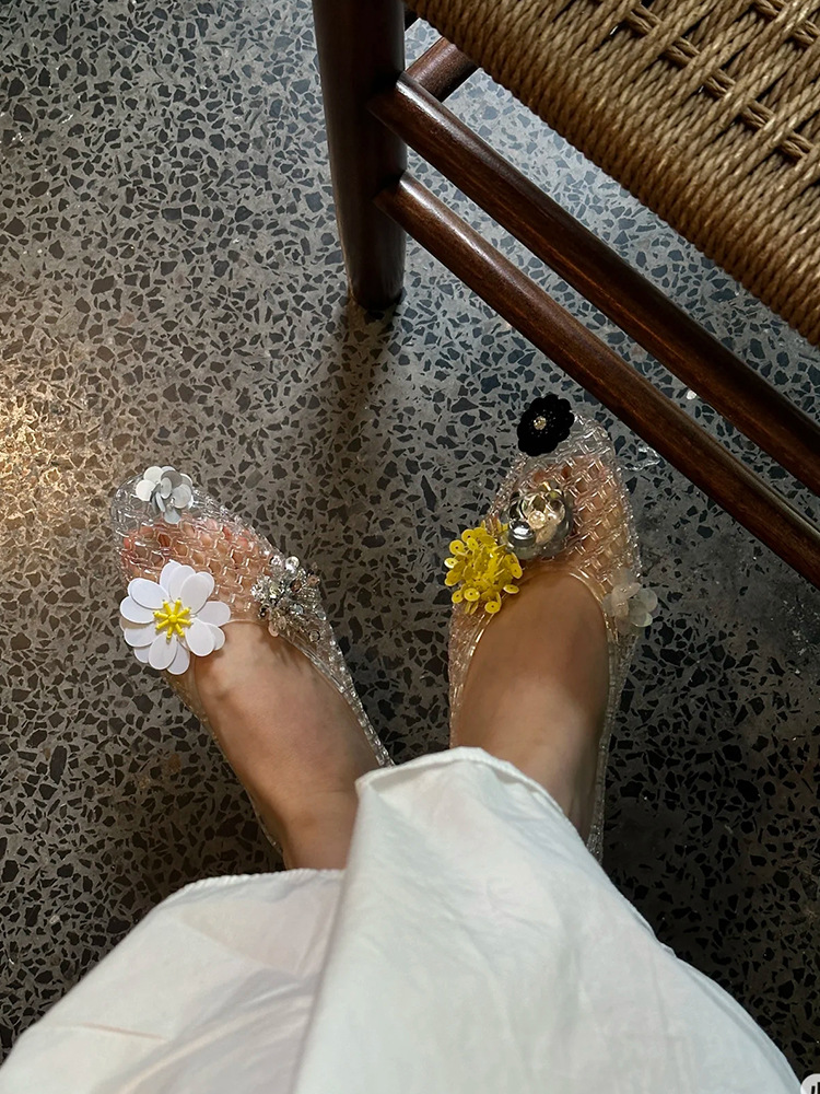 Handmade Beaded Floral Decor Hollow Jelly Flat Shoes K26061701