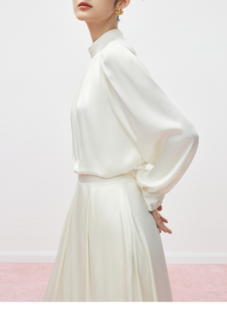 New elegant moonlight French white stand collar silky satin long sleeve shirt women's suit dress 