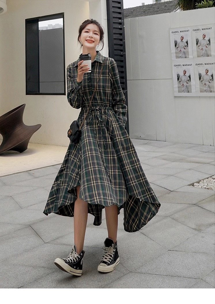 New elegant long-sleeved plaid dress CA25091539
