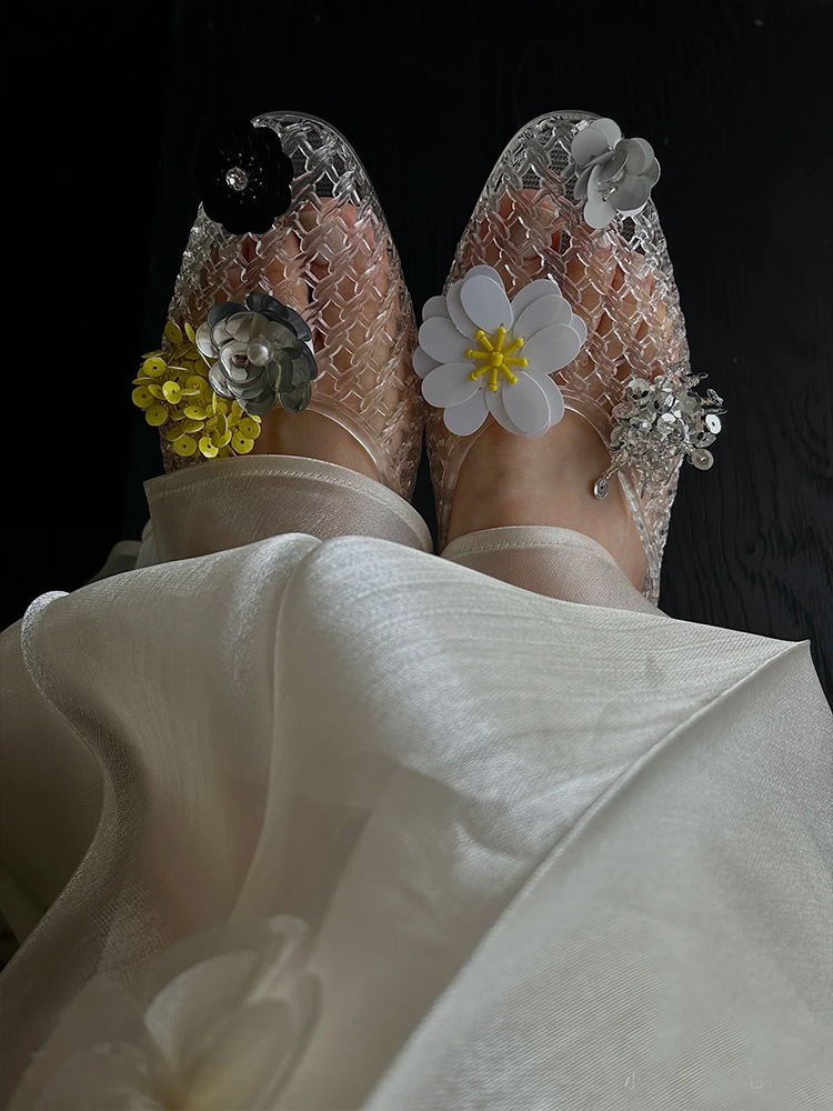 Handmade Beaded Floral Decor Hollow Jelly Flat Shoes K26061701