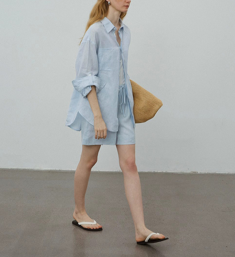 Classic Linen Long Sleeve Shirt And Shorts Set Women Casual Two Piece Outfit K26032406