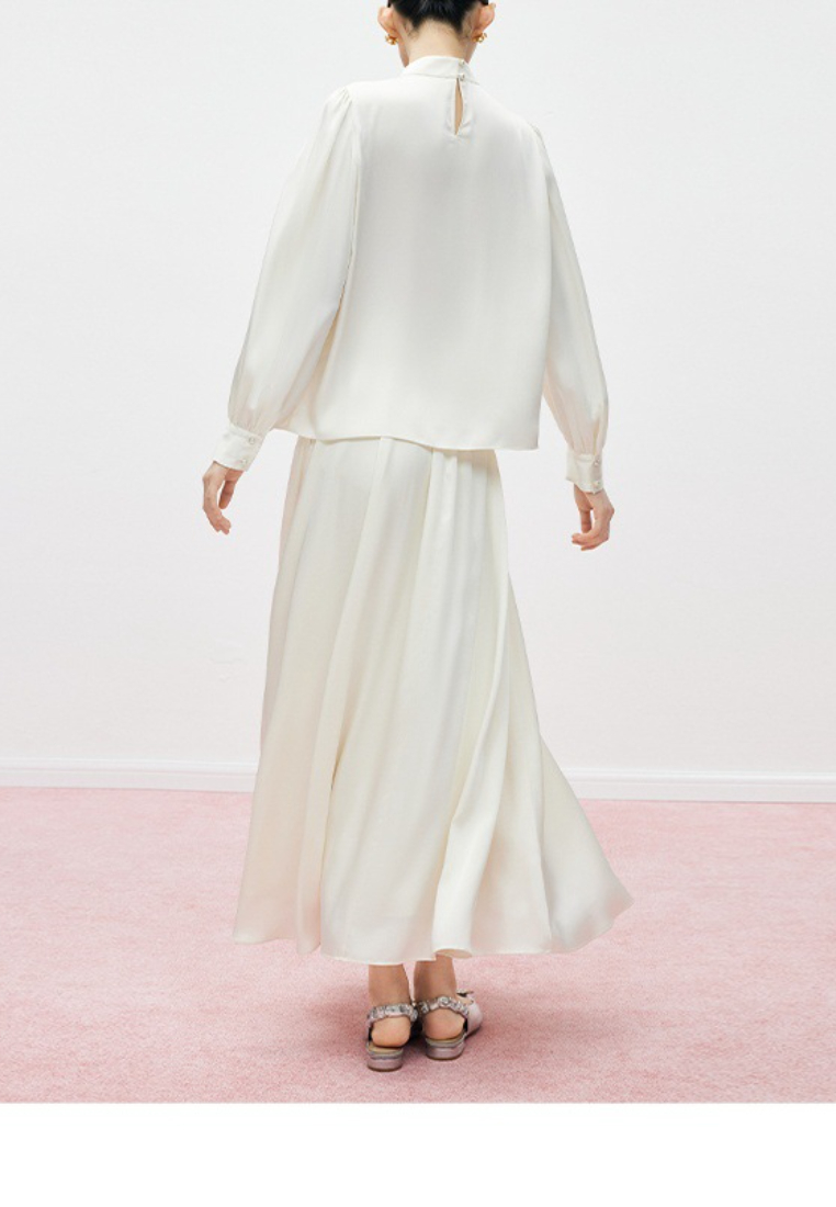 New elegant moonlight French white stand collar silky satin long sleeve shirt women's suit dress 