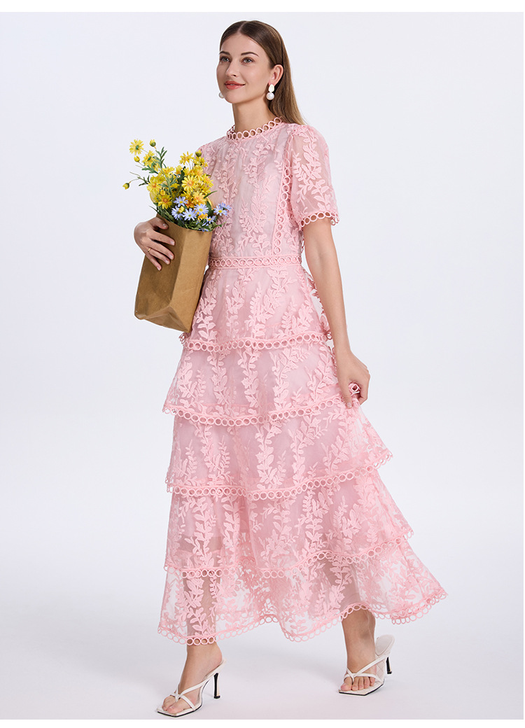 Short Sleeve Floral Lace Tiered Midi Dress Elegant Cocktail Party Dress K26032404