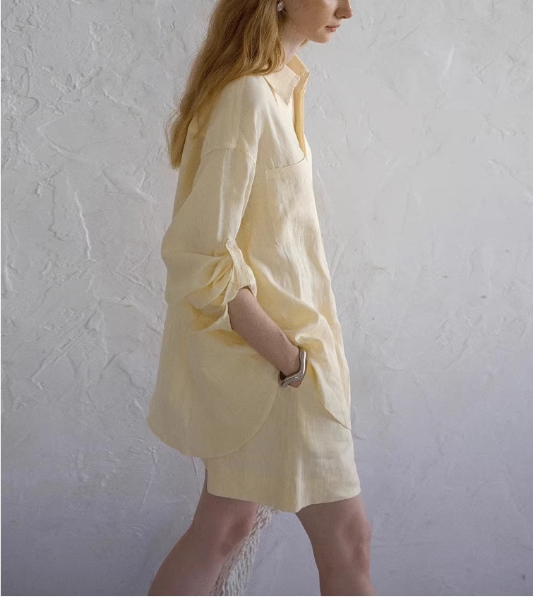 Classic Linen Long Sleeve Shirt And Shorts Set Women Casual Two Piece Outfit K26032406