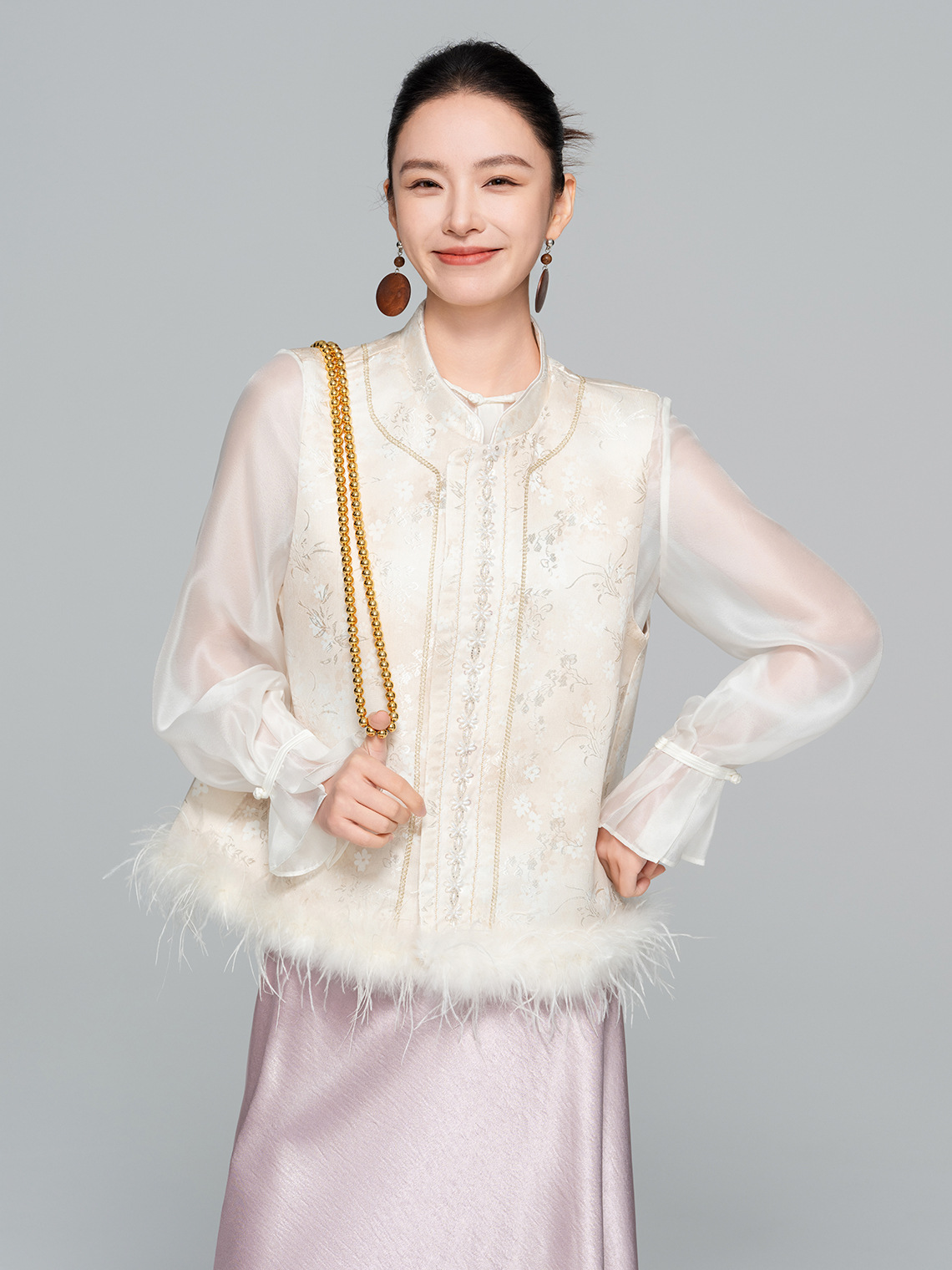 Stand Collar Jacquard Furry Vest Top CA2025121512W