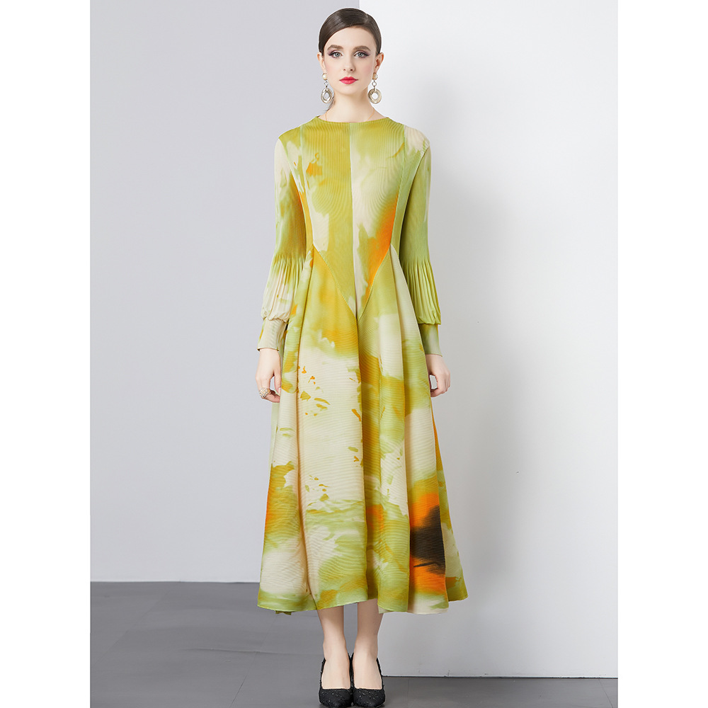 New S/S Sophisticated and stylish printed lantern sleeve loose plus size semi-high neck long dress K26011203