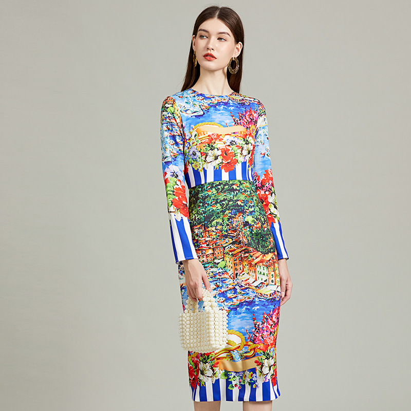 New S/S Retro style striped landscape print slim-fit bodycon dres long sleeve dress K26011204