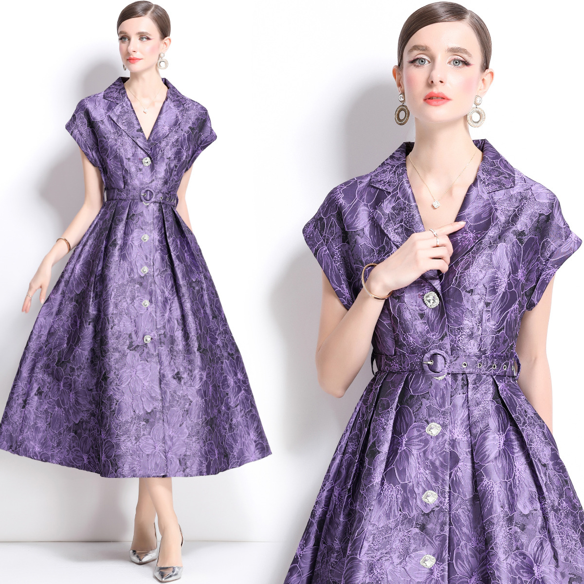 New S/S Elegant  jacquard short-sleeved lapel long dress K26011207