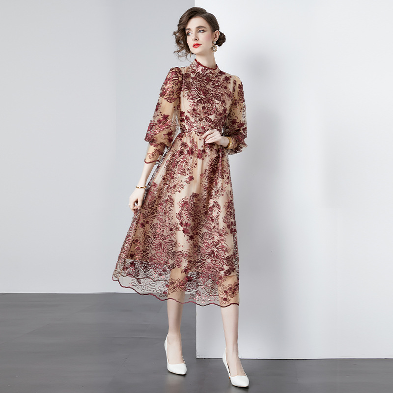 New S/S Elegant embroidered floral mesh Women Dress K26011211
