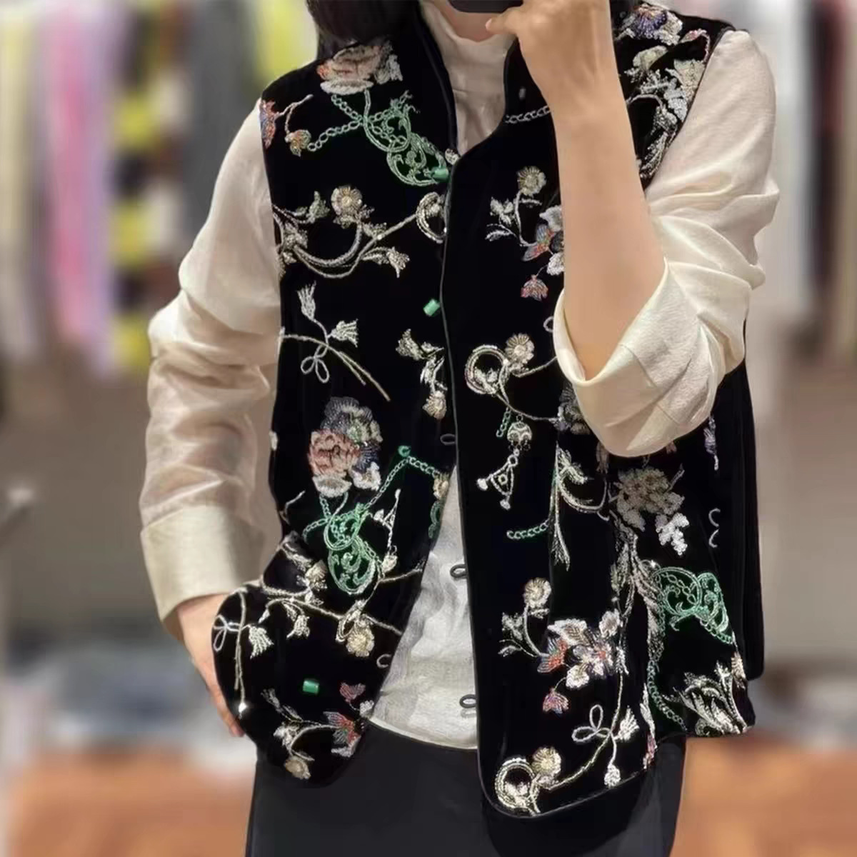 New black velvet midi skirt for women Chinese retro style Suit Set K26012001