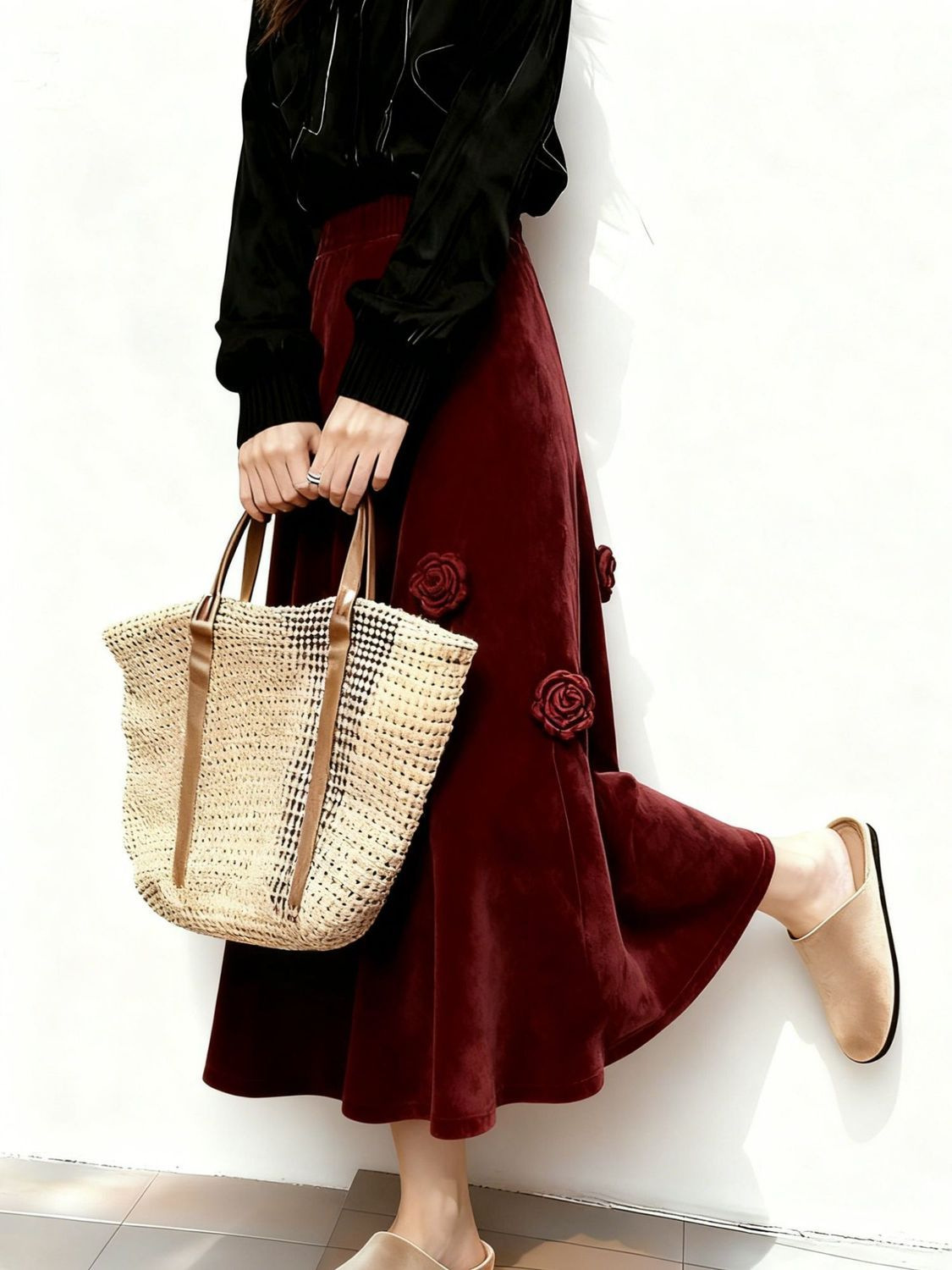 New Elegant 3D floral velvet midi A-line silhouette skirt K26012007