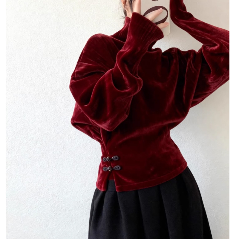New Retr Red Fold-Neck Velvet Top with Chinese Sweater K26012009