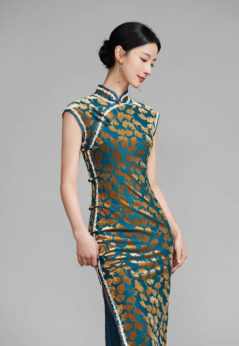 Vintage Velvet Gold Print Improved Cheongsam Elegant Slim Slit Maxi Dress K26012802