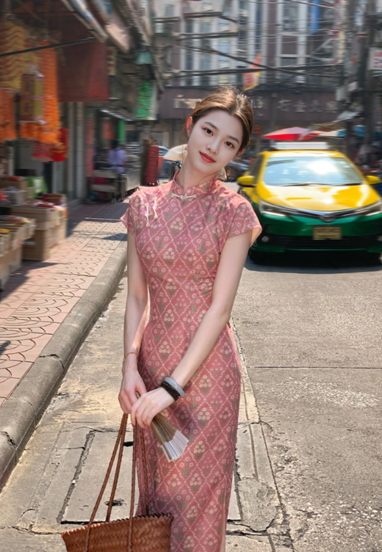 Vintage Pink Rhombus Improved Cheongsam Slim Fit Daily Dress K26012801