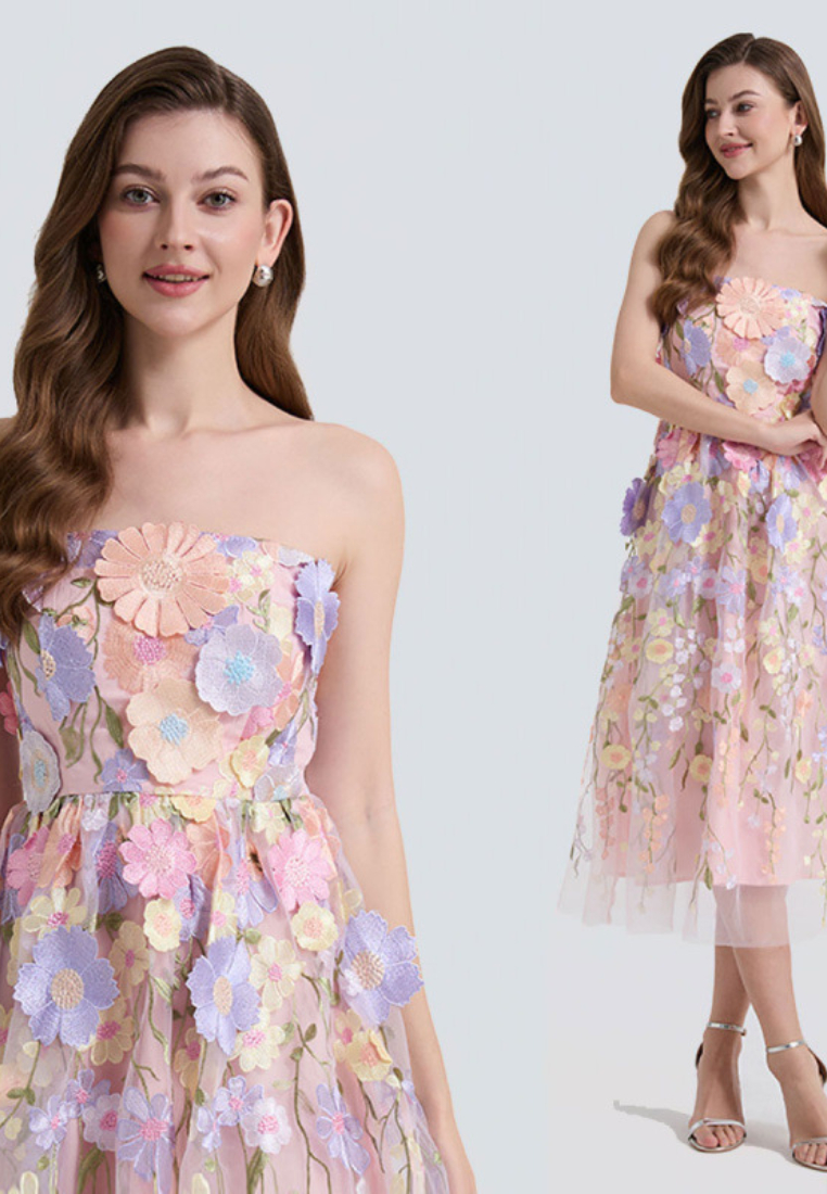 Strapless 3D Floral Tulle Midi Dress Prom Party Wedding Guest Dress K26032301