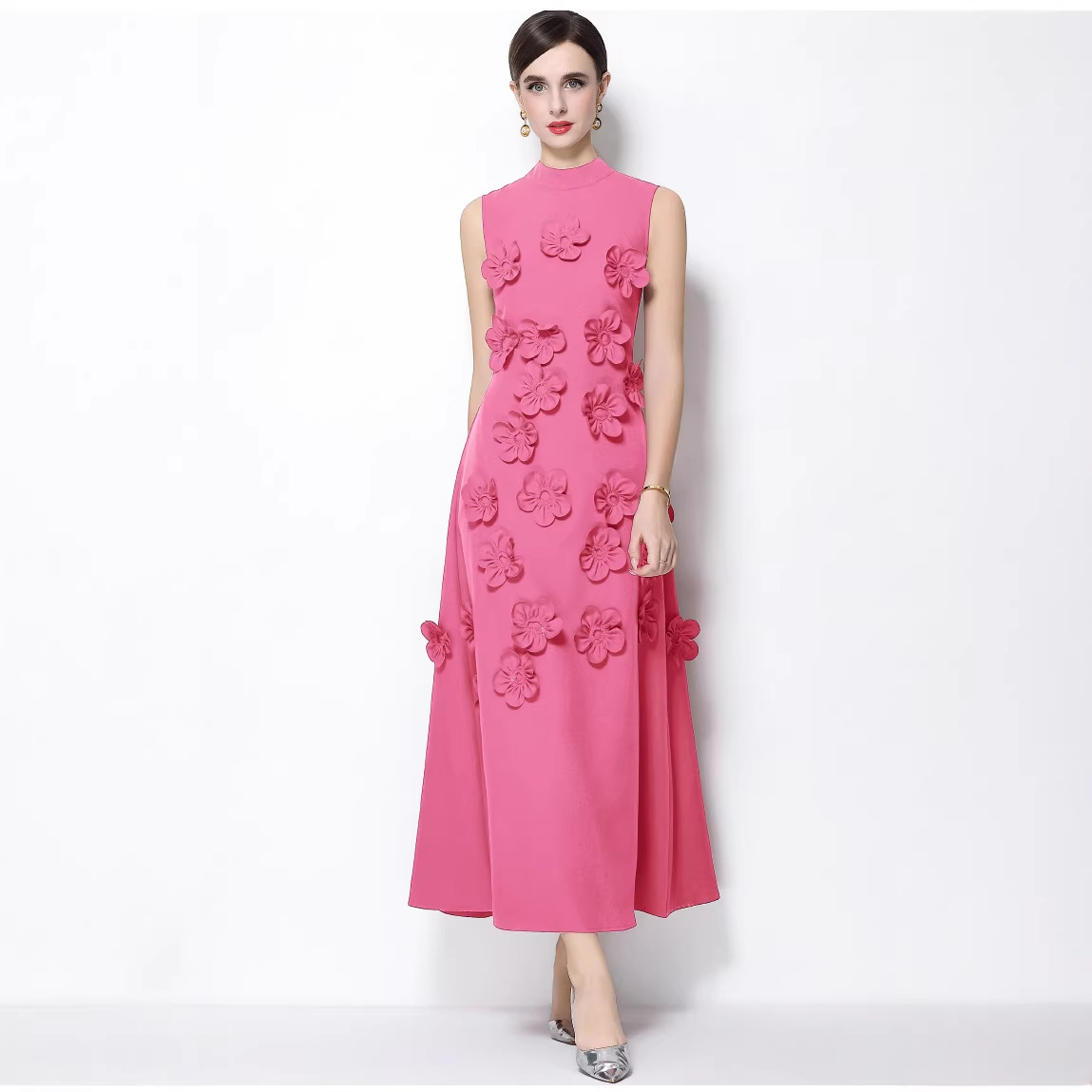 Elegant 3D Flower Patchwork Sleeveless High Neck Maxi Gown Wedding Guest Dress K26032403