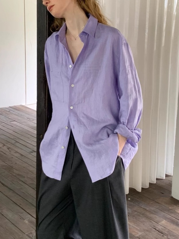 Natural Linen Long Sleeve Button Down Shirt Lavender Casual Oversized Blouse K26032405