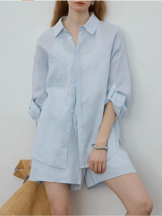 Classic Linen Long Sleeve Shirt And Shorts Set Women Casual Two Piece Outfit K26032406