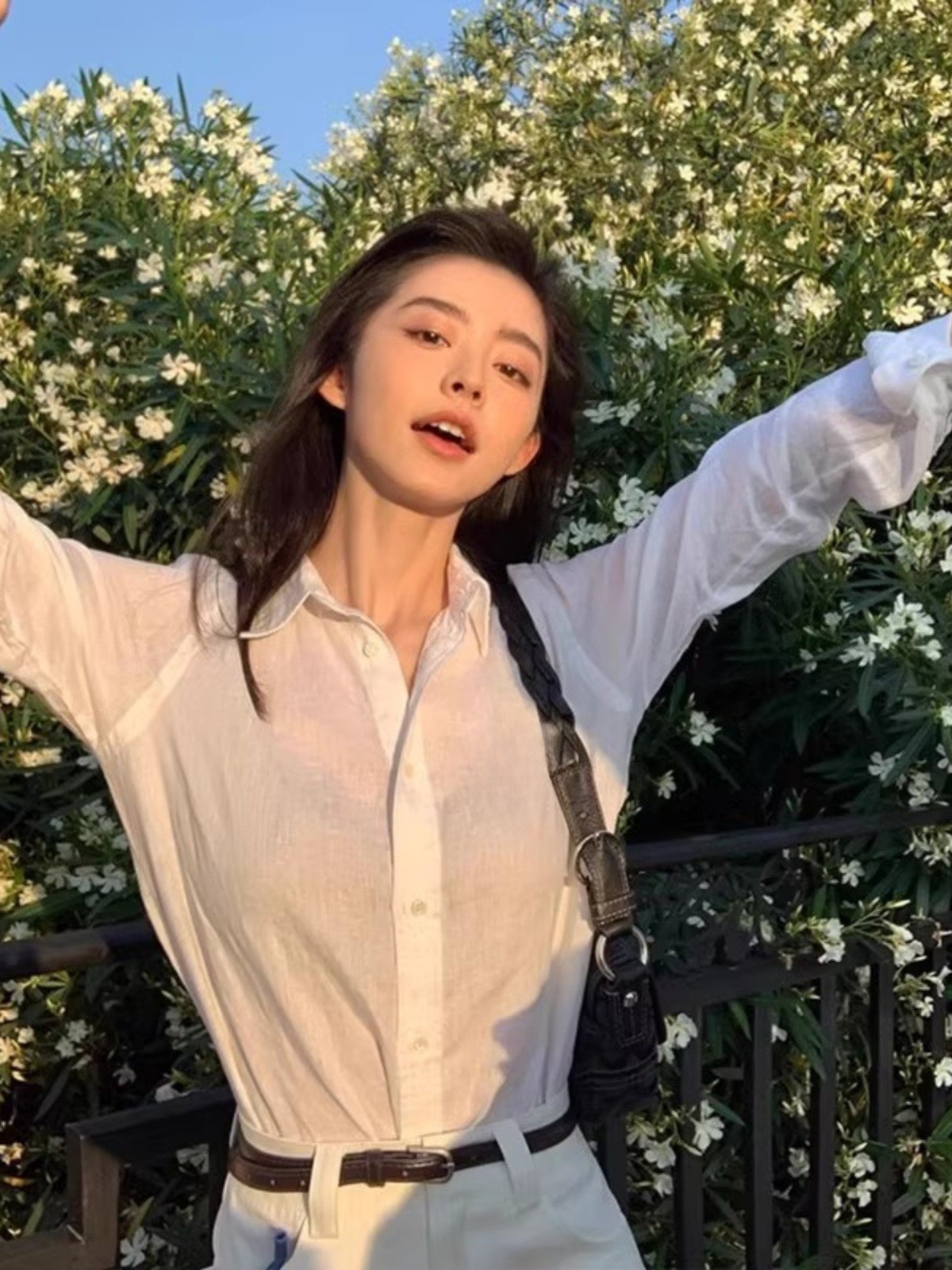 Linen Long Sleeve Button Down Shirt With Small Horse Embroidery Loose Fit Sun Protection Blouse K26032407