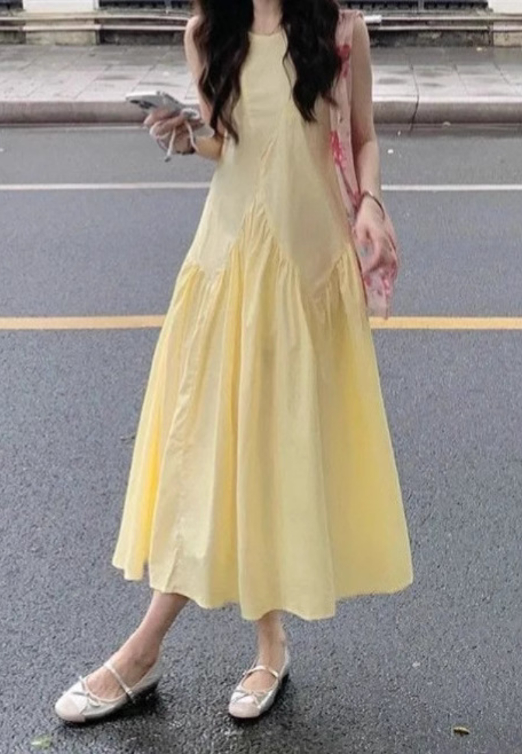 Sleeveless Tank A Line Maxi Dress French Style Yellow Summer Casual Dress K26033101