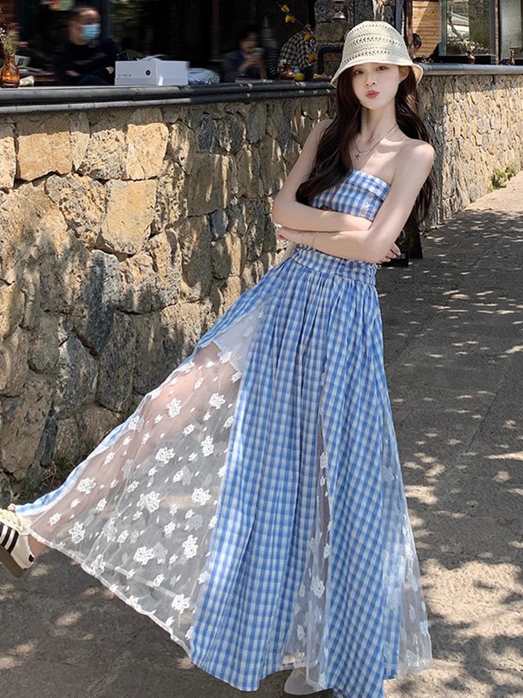 Gingham Spaghetti Strap Maxi Dress Red Plaid Boho Beach Long Dress K26033103