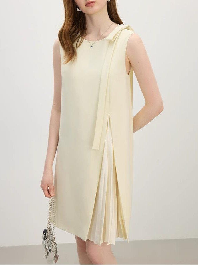 Sleeveless Pleated Midi Dress With Bow Tie Detail Elegant Summer Shift Dress K26033107