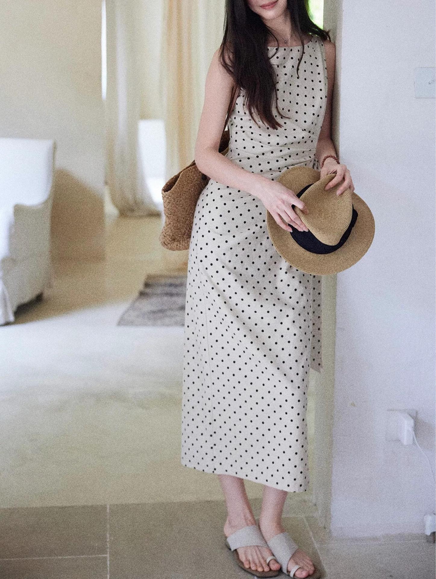 Polka Dot Linen Blend Sleeveless Maxi Dress French Style Waist Tie Wrap Dress K26033109