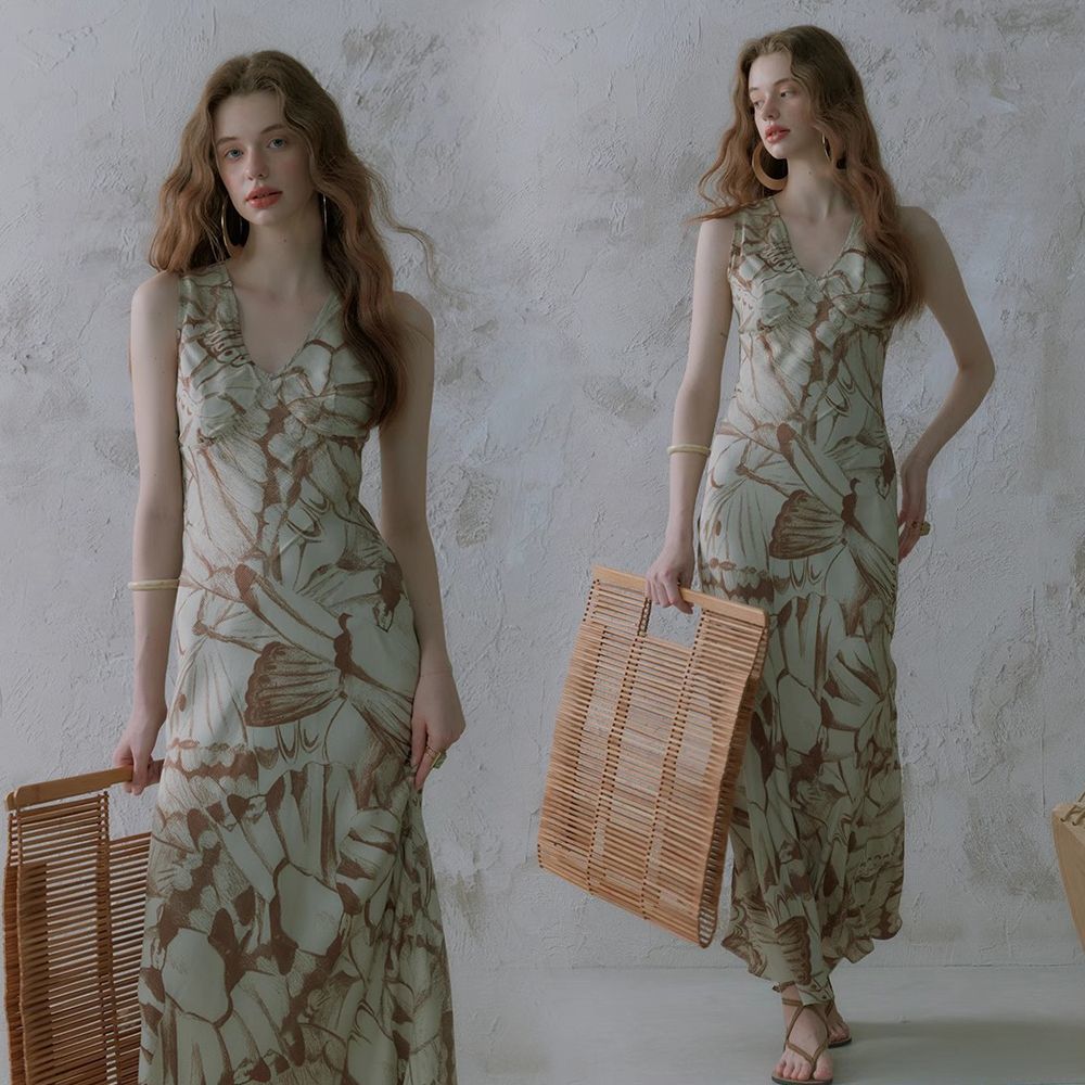 Elegant Floral Print Sleeveless Maxi Dress Boho Style K26033110