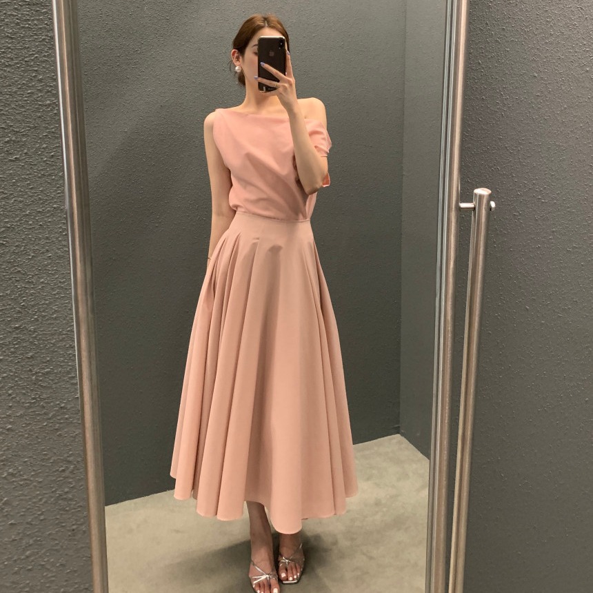 Chic Style Asymmetric Neck Top With Pleated Midi Skirt Two Piece Set K26050507