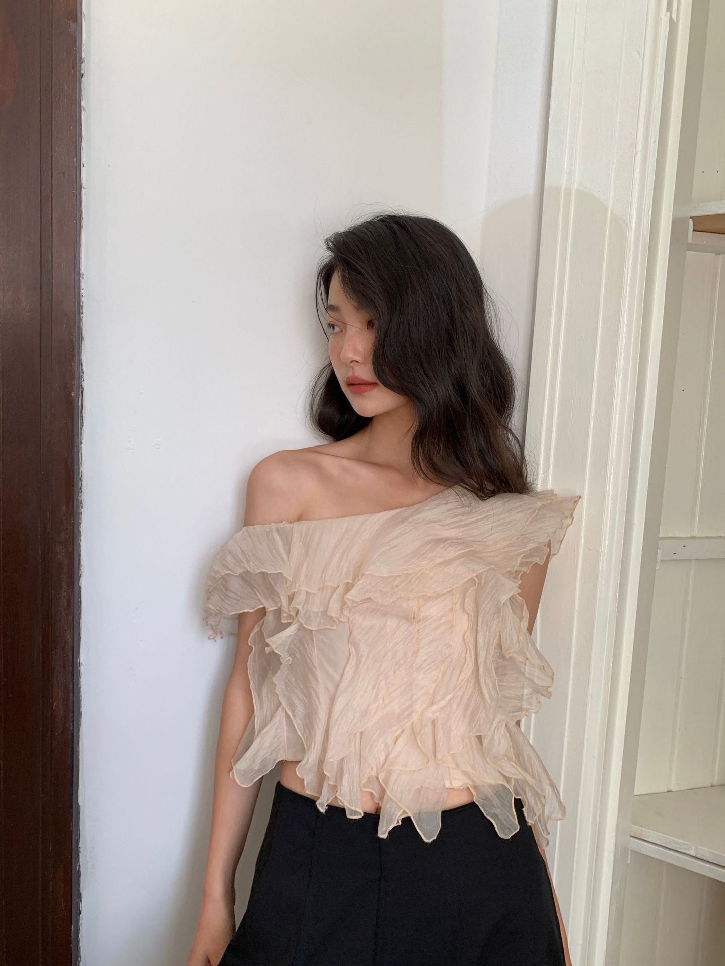 Chic Style One Shoulder Ruffled Chiffon Blouse K26050509