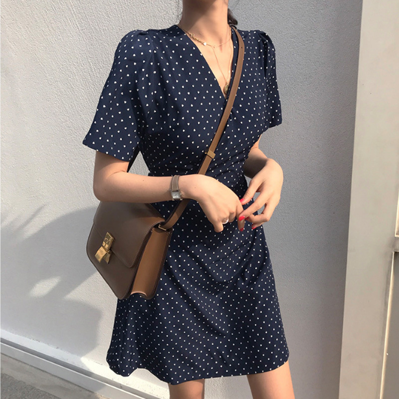 Chic Style Polka Dot V-Neck Short Sleeve Wrap Mini Dress K26051102