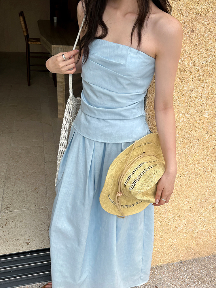 French ruched tube top and maxi skirt set K26051201