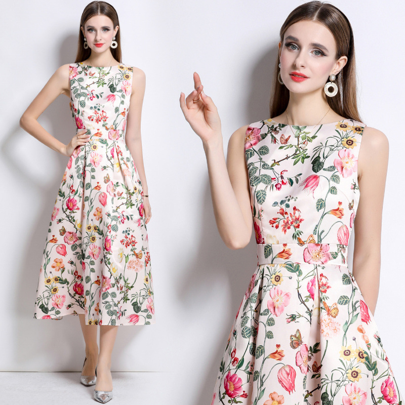 Romantic floral print sleeveless fit and flare midi dress K26051309