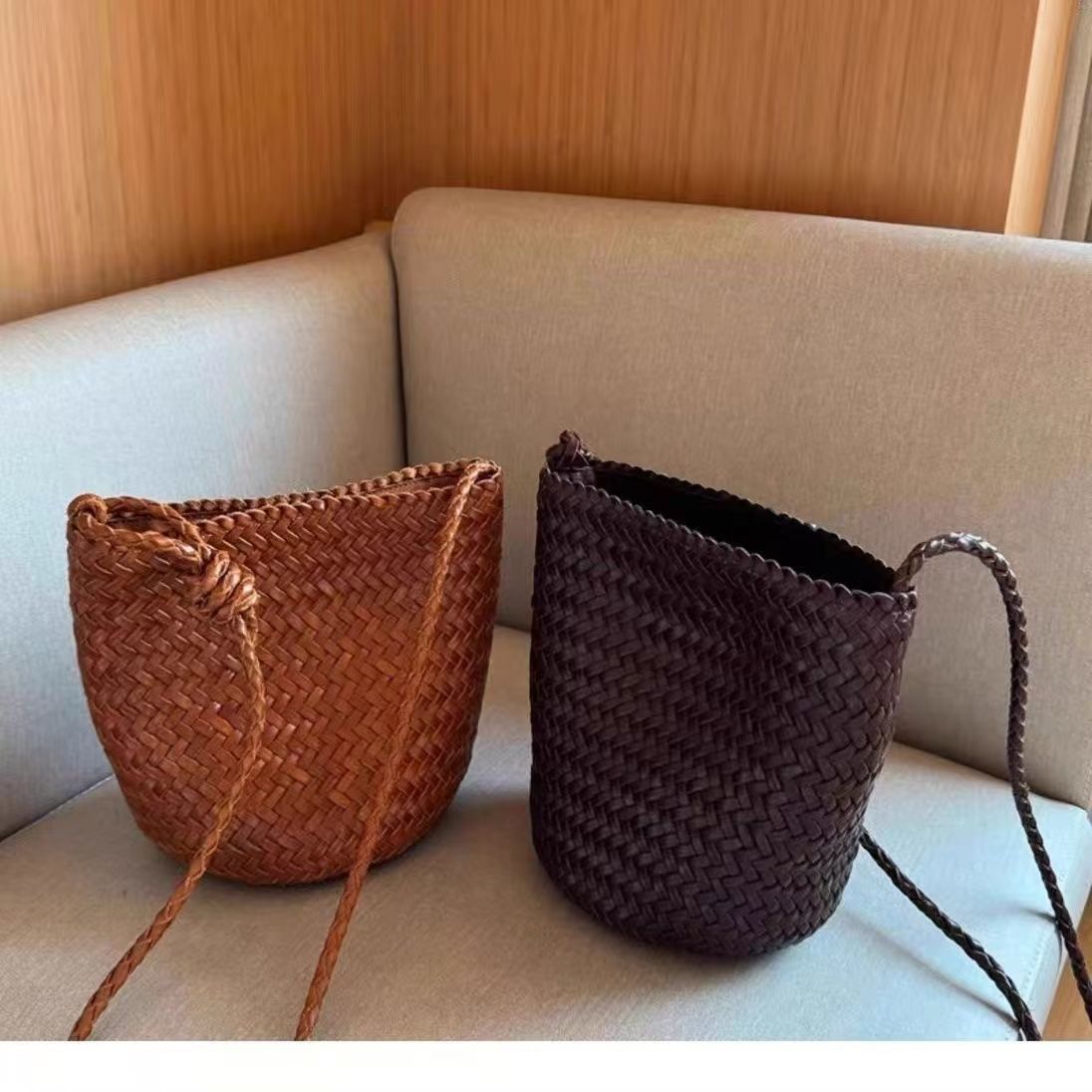 Vintage Woven Leather Bucket Crossbody Bag K 26051908